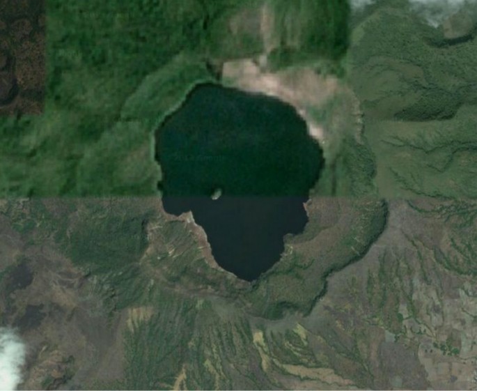 Zoom in more and we start seeing a lake in the crater of the volcano (simply known as Crater Lake), and a tiny little island within that lake.