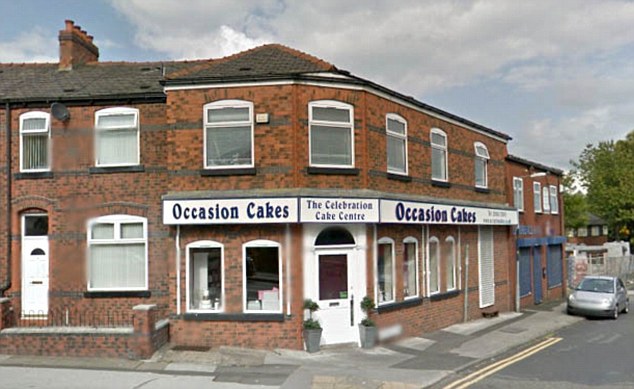 A spokesman for the cake shop - which has branches in Bolton, pictured, and Wigan - said they have made every effort to deal with Mrs Green's 'problem' - even giving her edible flowers to 'cover up' the bears