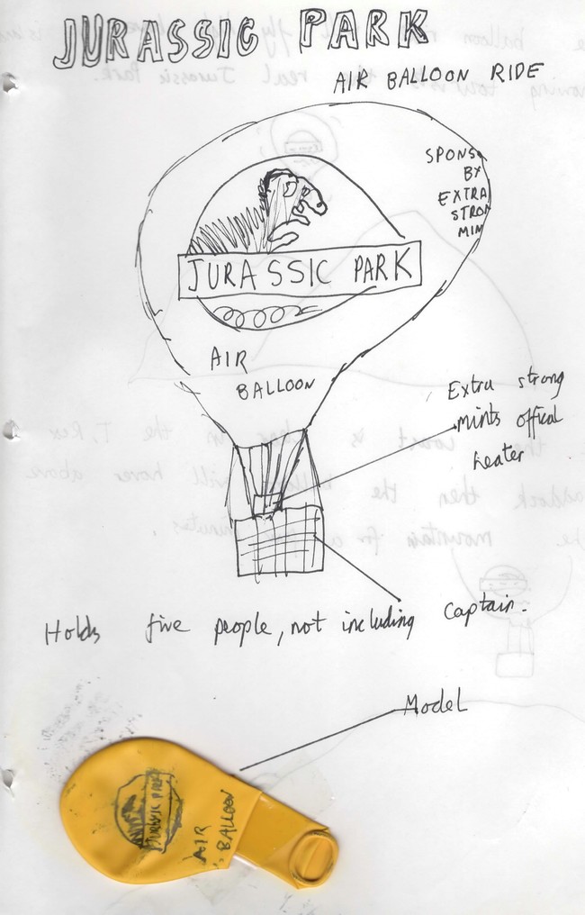 He made plans for a Jurassic Park air balloon ride, complete with all of the specifications. He even included a model for the ride in case you needed a visual.