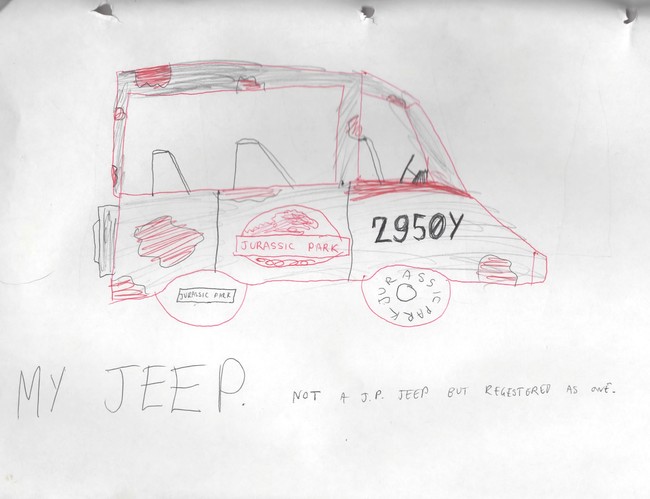 He then drew his Jeep, complete with license plate number and custom tires.