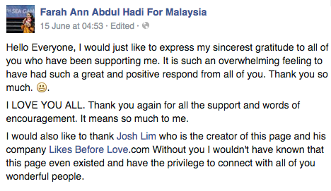 Hadi's supporters have also made a Facebook page and the hashtag #‎FARAHnatics‬. On Monday Hadi posted on the page thanking the 18,000 supporters for their encouragement.