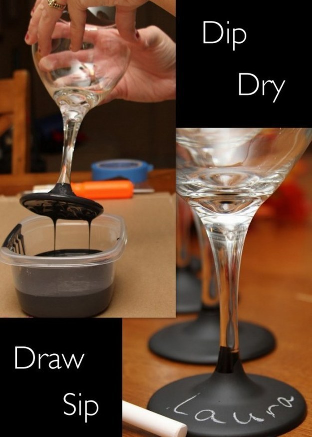 Dip wine glass stems in chalkboard paint to customize at parties.