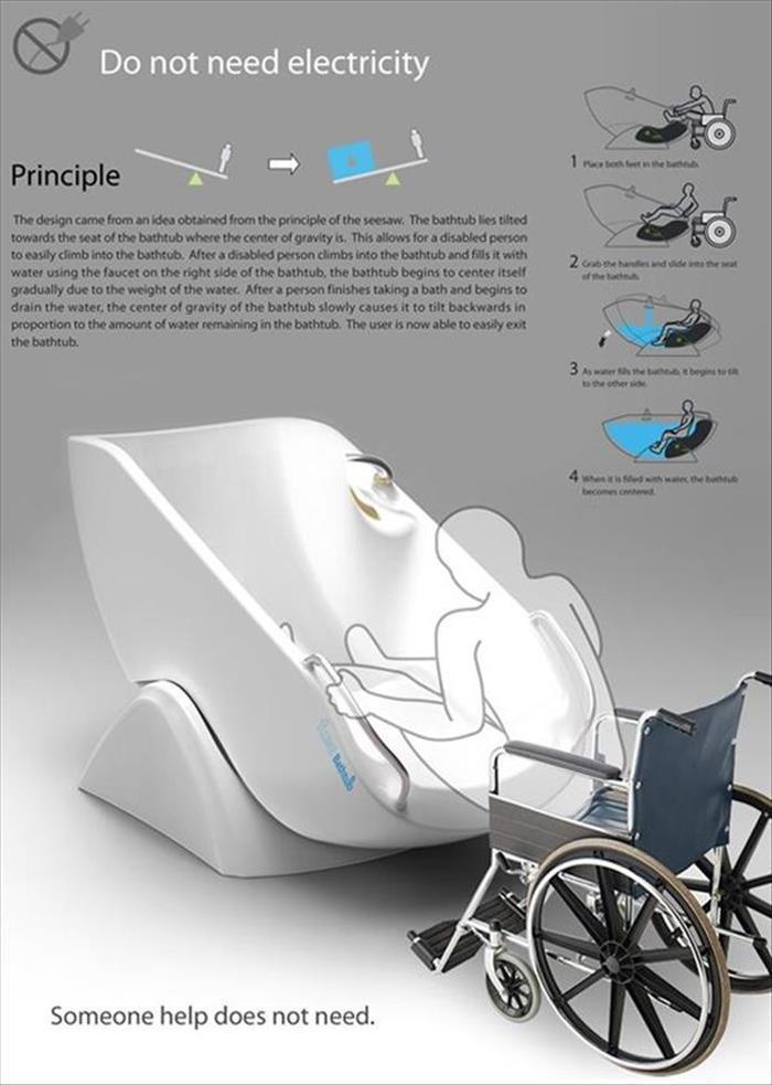 A bathtub for self-sufficient wheelchair users.