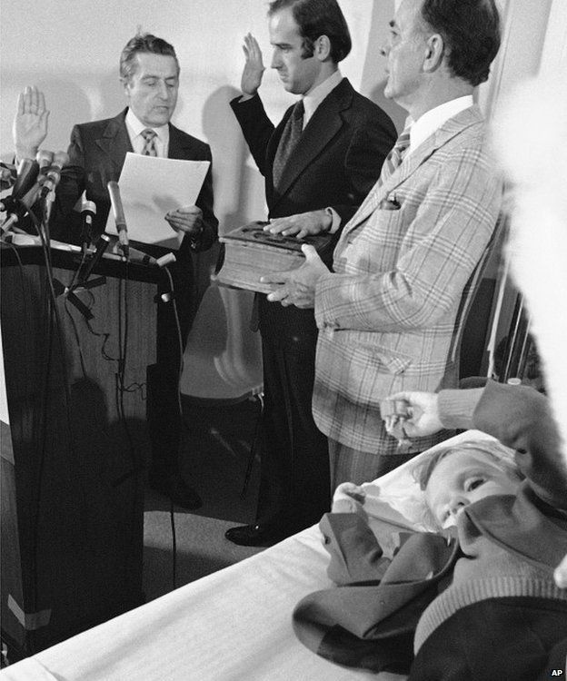 Joe Biden taking his oath of office as senator in 1973 by the bedside of his son Beau. Beau Biden passed away in May 2015 from divain cancer.