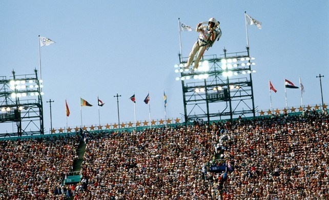 A jetpack rider stealing the show at the opening of the LA Olympics in 1984.