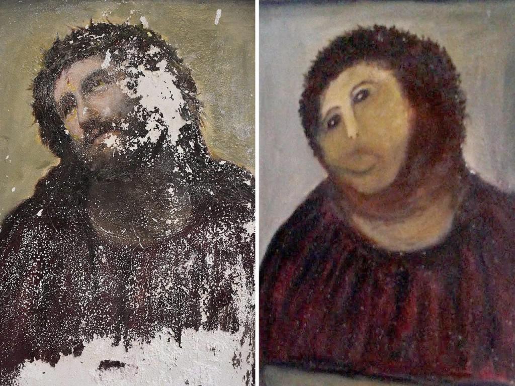 “Beast Jesus” will be no more</p><br /><br /><br /><br /> <p>In 2012 81-year-old Cecilia Gimenez tried to restore ‘Ecce Homo,’ a 19th century painting of Jesus in her church in Spain. The result wasn’t…exactly what the previous painting looked like, many say it’s more like ‘ crayon sketch of a very hairy monkey in an ill-fitting tunic.’ However the mistake actually brought in over 150,000 tourists who each paid a euro to see the comical portrait. Art historians are dying to remove the paint job, and they say it could be done in minutes. However, the church might prolong it to keep the tourism money rolling in.