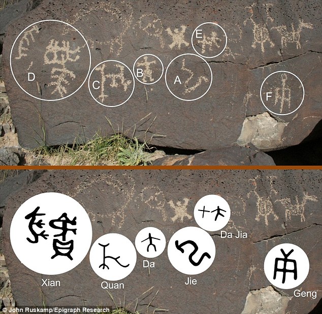 Author and epigraph researcher John Ruskamp claims these symbols shown above, found etched into rock at the Petroglyph National Monument in Albuquerque, New Mexico, are evidence that ancient Chinese explorers discovered America long before Christopher Columbus stumbled on the continent in 1492