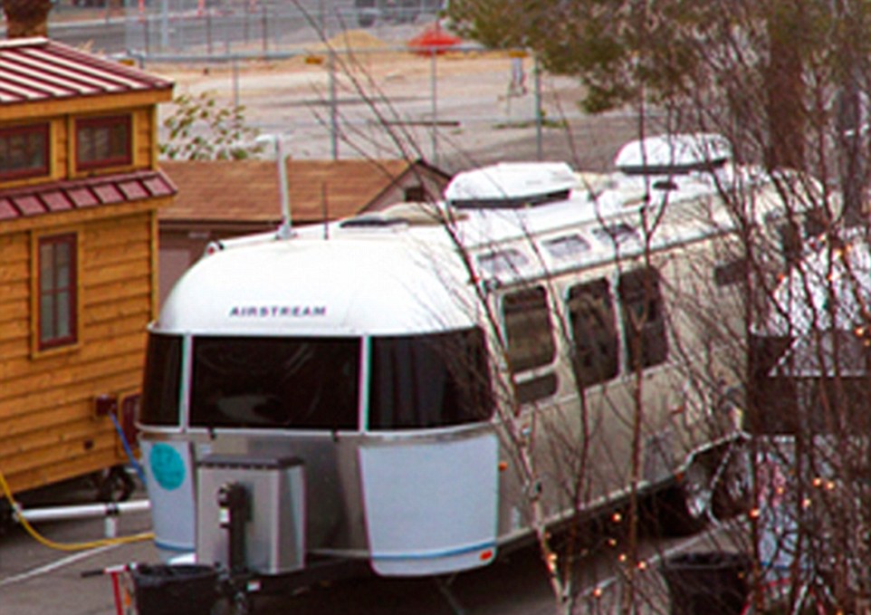 Thirty homes at the Airstream Village are are lined up in a neat row, each with about 200 square feet of space. Tumbleweed Tiny Houses (left), which have about 130 square feet, are also parked at the site