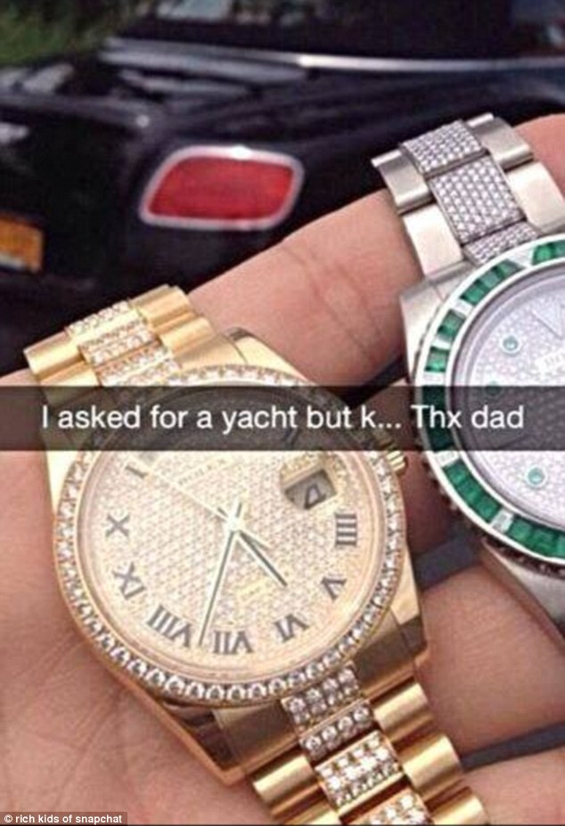 One youngster uploaded a snap of two diamond encrusted watches with the caption: 'I asked for a yacht but k, thx dad'