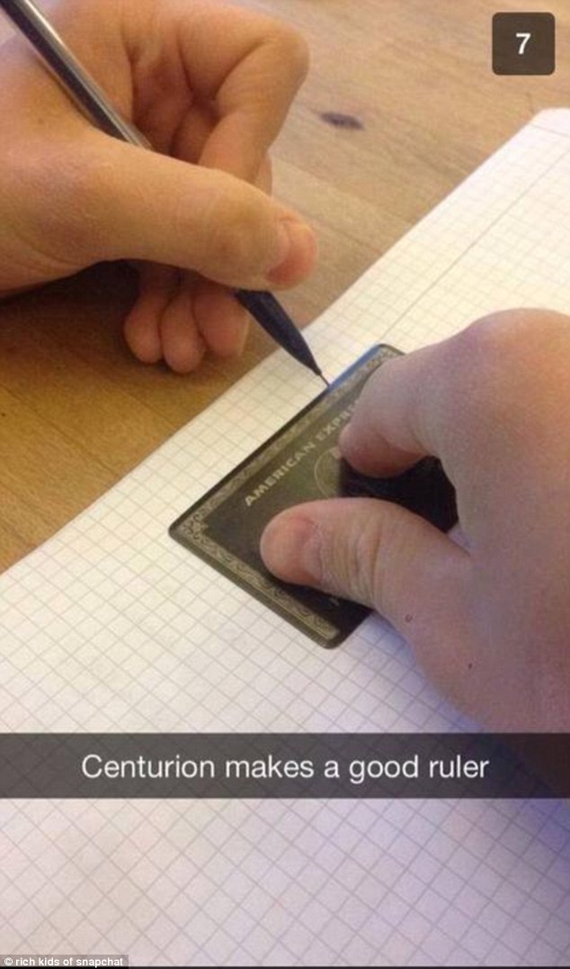 The images have also seemingly been sent from school and show one student using an Amex credit card as a ruler