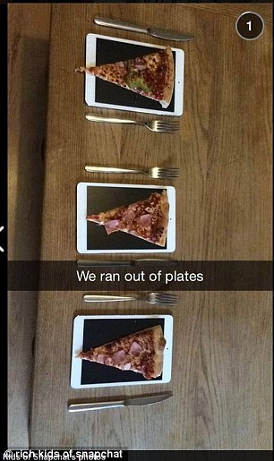 Many of the pictures show the rich kids using their gadgets in somewhat unconventional ways. One image shows slices of pizza atop iPads with the caption: 'we ran out of plates'