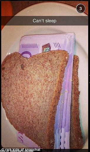 One image shows a sandwich with a rather expensive filling in the form of wads of cash. The picture is accompanied by the caption: 'Can't sleep'