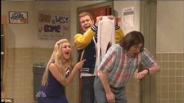 Classic bullying maneuver: This grab from comedy television program 'Saturday Night Live' shows schoolyard bullies giving their victim an 'atomic wedgie' by pulling the boy's underpants over his head