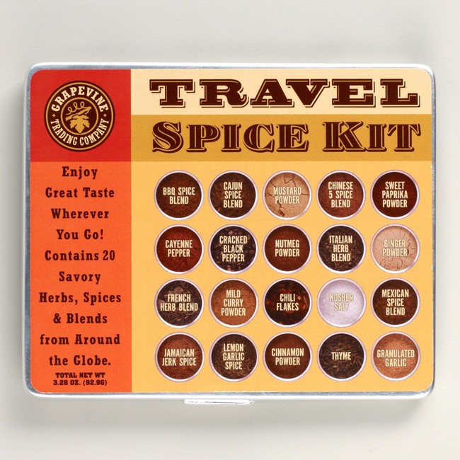 Spice up bland airport food with <a href="http://www.amazon.com/20-Spice-Large-Travel-Kit/dp/B00IWTREE6/ref=sr_1_1?_encoding=UTF8&amp;tag=vira0d-20" target="_blank">this travel spice kit</a>.