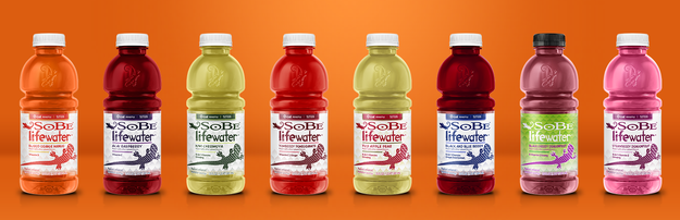 This is SoBe Lifewater, brightly colored flavored drinks that the company assures us taste like fruit.