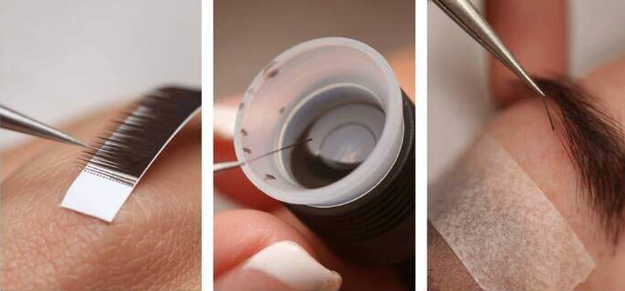 To get extensions, brow technicians use tweezers to dip tiny synthetic hairs into skin-safe glue...