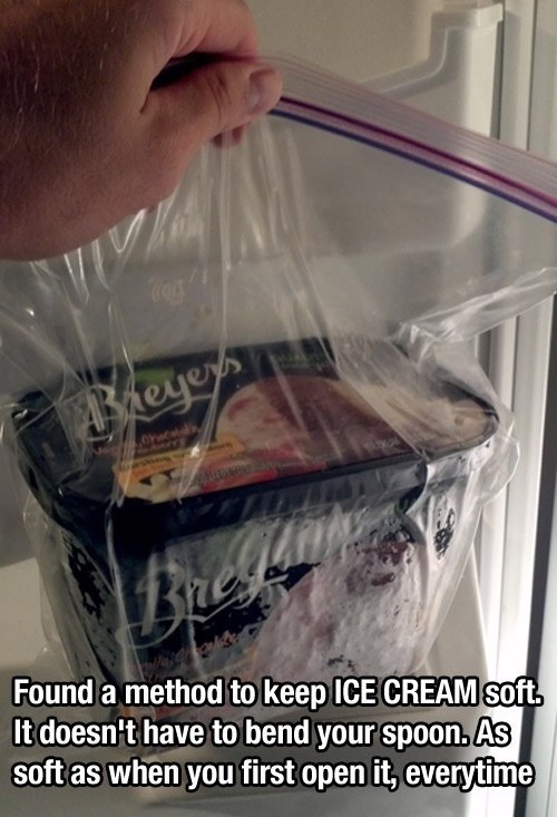 Use a sealable bag to keep ice cream soft.