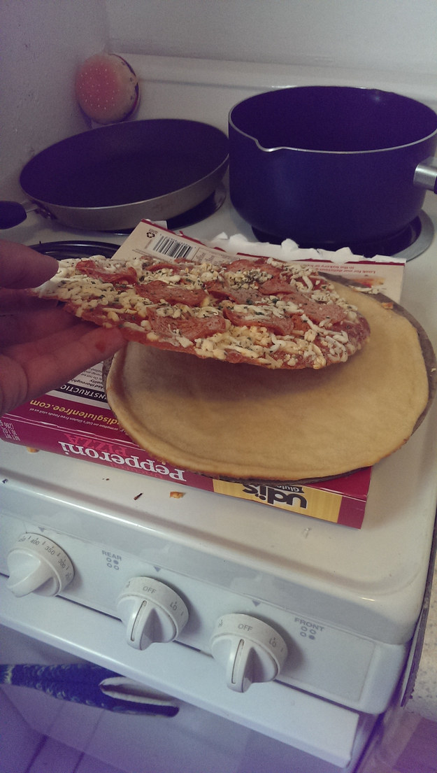 A frozen pizza, divided.