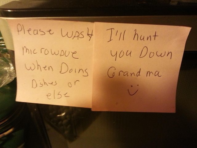 "My Grandma left us a note in the kitchen."