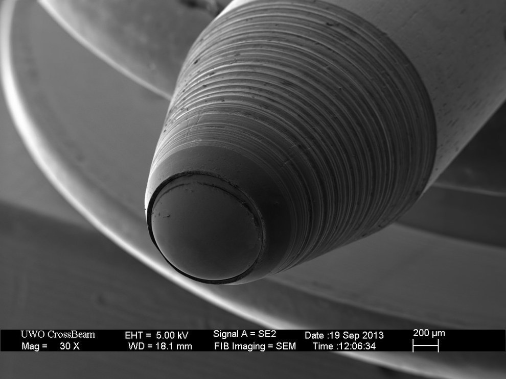 A ballpoint pen looks extra assuming under a microscope.