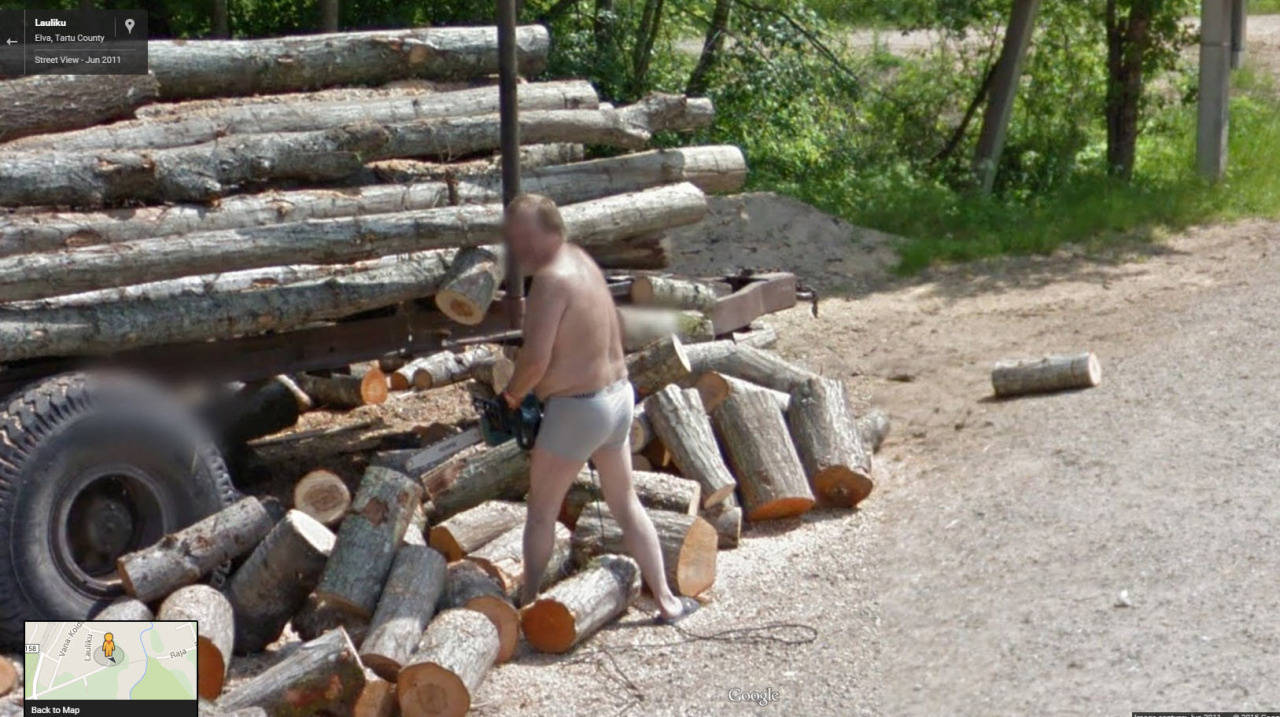 Chainsawing in the buff.