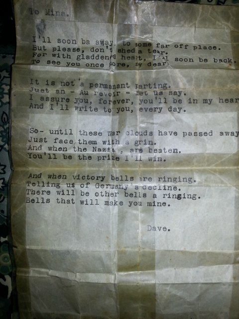 "Tissue Alert: Here's a poem my late grandfather wrote my recently deceased grandmother when he went off to fight the Nazi's."