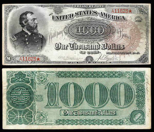 Most Expensive Piece of Paper Currency: 1890 United States Small Seal $1000 Treasury Note
Price: $3,290,000

This piece, the only copy in private hands, is referred to as the “Grand Watermelon” design due to the unusual resemblance of the zeroes on the reverse of the note to watermelons. The piece was such an unusual issue when printed, numbering less than 200 original pieces, that the selection of historical figures to put on the front of the bill was limited from Presidents and Founding Fathers to U.S. Civil War general George Meade, commanding officer of the victorious Army of the Potomac at Gettysburg, but a figure that was constantly overshadowed by the General in Chief, and future President, Ulysses S. Grant. The note’s rarity, high denomination, and condition grade led to the record-setting sale by Heritage Auctions in early 2014.