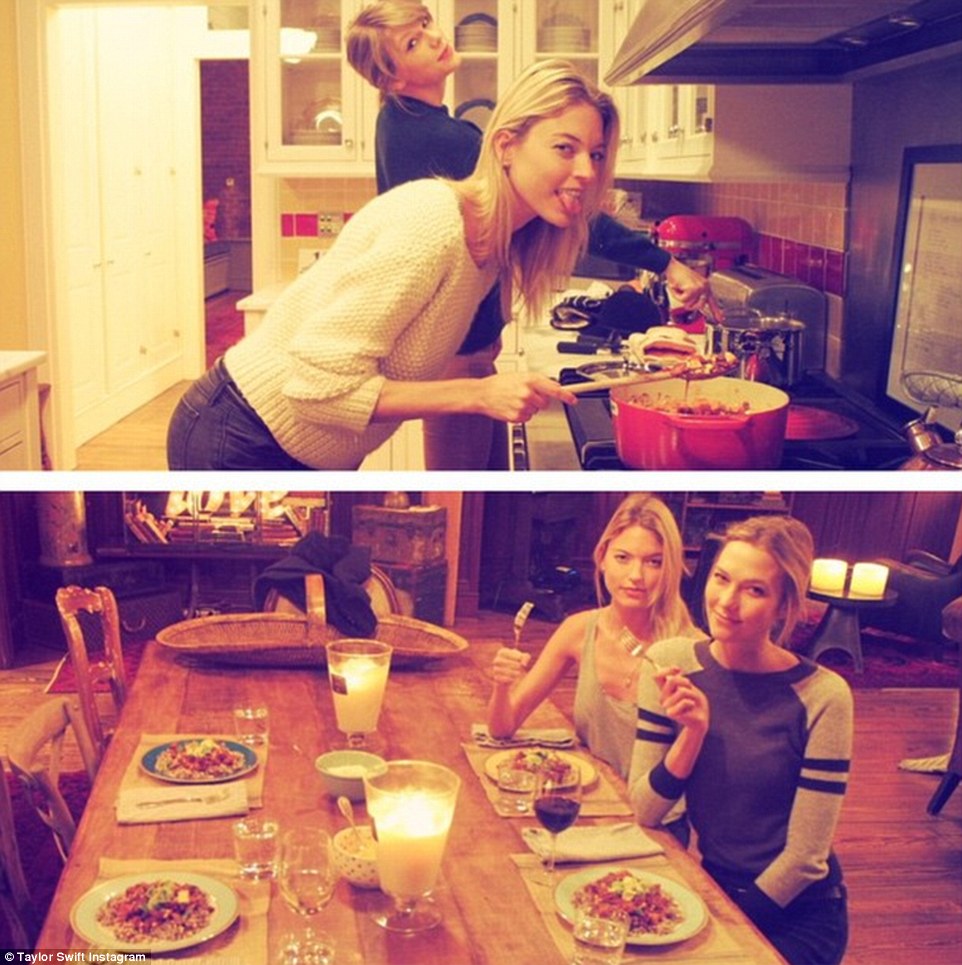 Taylor with Karlie Kloss and Martha Hunt in an Instagram post showing the friends cooking their own dinner and eating it