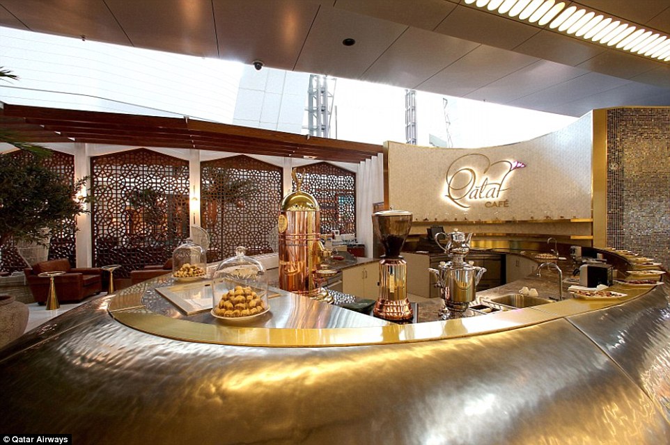 The newly-remodelled Hamad Airport in Doha, Qatar, is easily one of the most luxurious in the world. The terminal itself cost billions to build - and the outlay is evident in this gold-plated coffee shop counter