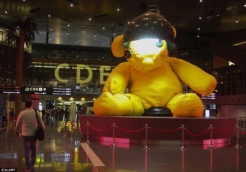 There are also works of art throughout the terminal, like the over-size Lamp Bear by Swiss artist Urs Fishcer (pictured)