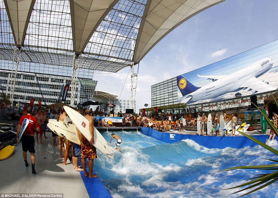 Munich Airport has one of the world's biggest standing artificial waves for guests to try out their surfing skills before boarding a plane