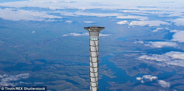 The space tower (pictured) would be more than 20 times taller than Burj Khalifa, the tallest building in the world
