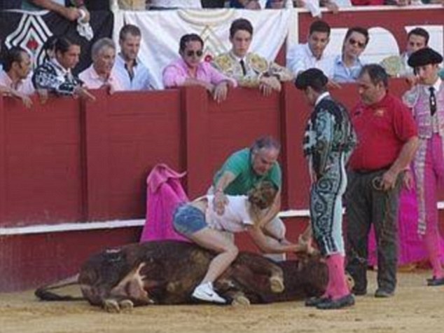 Demonstrating: Virginia Ruiz, 38, claimed she could heard the bull ‘crying’ when she entered the ring in Malaga