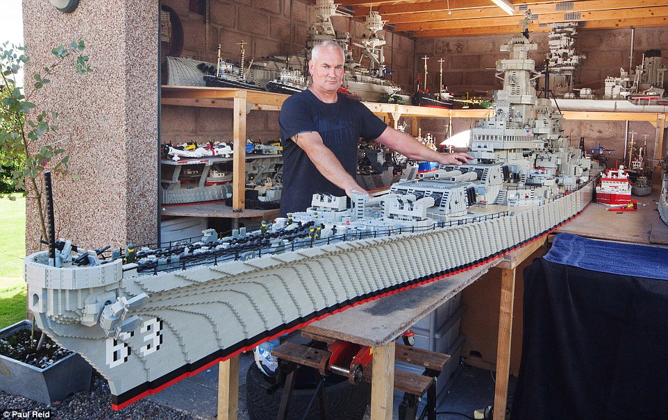Jim McDonough has painstakingly built a 24ft scale model of 890ft US warship USS Missouri out of thousands of toy bricks in his garage in Redford, near Arbroath, Angus, Scotland