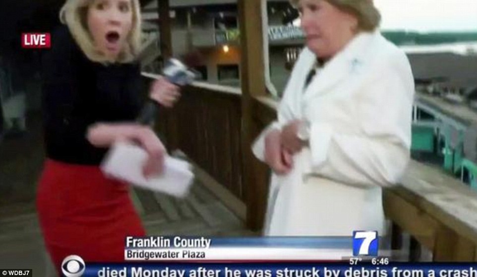 While Flanagan was recording the video on his own camera, the shooting was being played out on live TV. Above, a grab of this morning's WDBJ newscast with Parker on the left and Vicki Gardner on the right. Gardner was being interviewed by Parker at the time and suffered a bullet wound to the back. She is now in stable condition after undergoing emergency surgery 