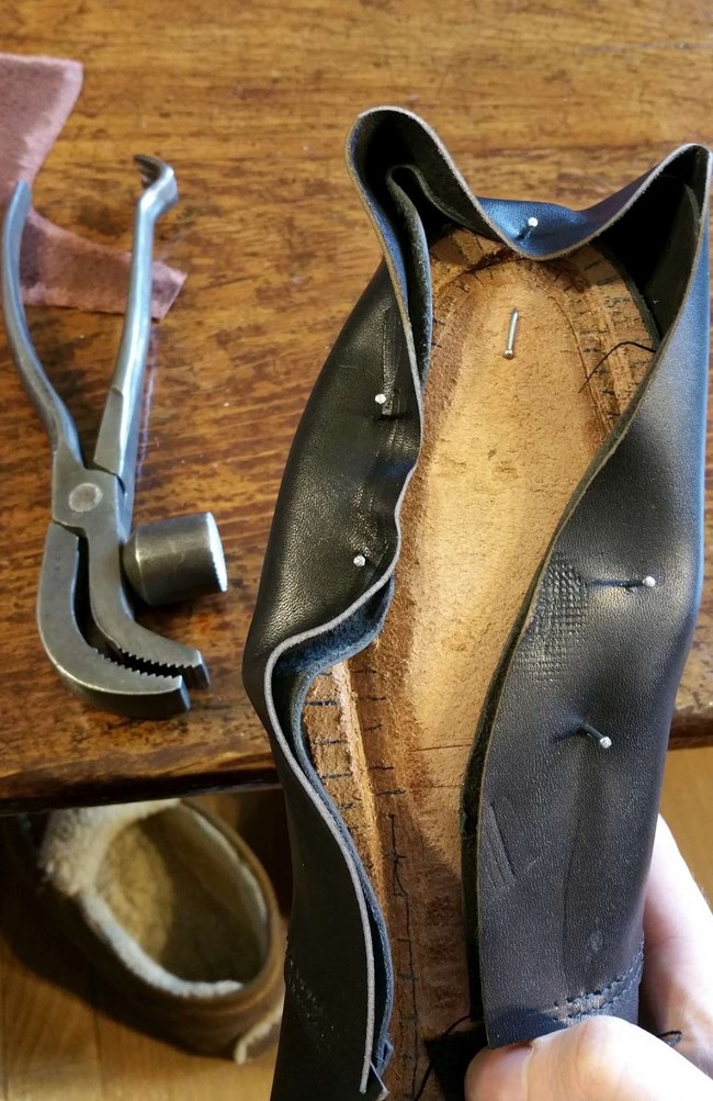 Next, the insole is nailed in. At this point, the inner and outer portions are attached.