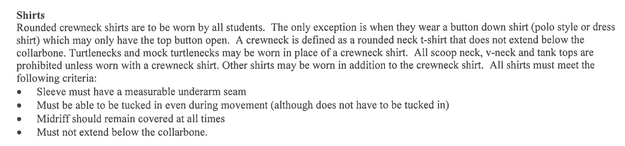 The one-page dress code includes notes on the exact types of shirts students are permitted to wear — crew or button-down — and prohibits the exposure of collarbones.