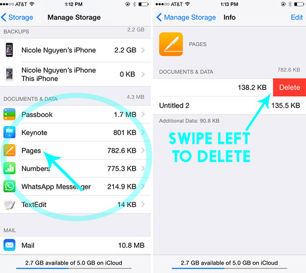 You can also delete stuff under Documents &amp; Data. Tap the application and swipe left on each data item to delete.