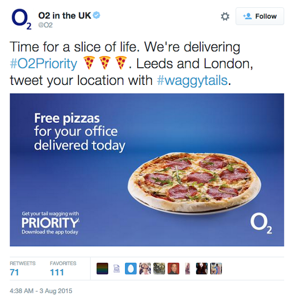 O2, a British phone company, held a Twitter promotion where they were offering free pizza to their customers.