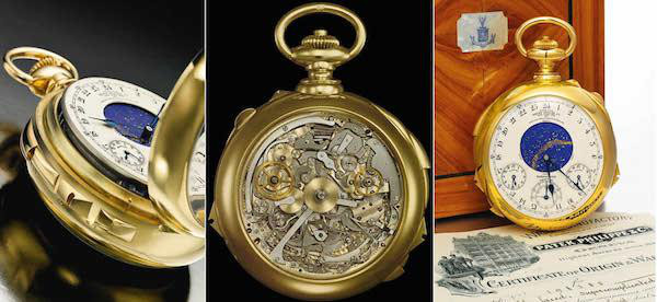 Most Expensive Watch: Henry Graves 'Supercomplication', by Patek Phillips 
Price: $24,000,000

One of the most complicated watches ever created, and by far the most complex design conceived without computer assistance. It took three years to design the watch, and another five years to manufacture it, before being delivered to Graves in 1933. The Supercomplication had long been the world’s most complicated timepiece ever assembled with a total of 24 different functions, including Westminster chimes, a perpetual calendar, sunrise and sunset times, and a celestial map of New York as seen from the Graves's apartment on New York's Fifth Avenue, and contains 920 individual parts.