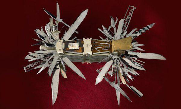 This knife was created in Germany in the 1800s. It contained 100 tools and weapons including a gun.