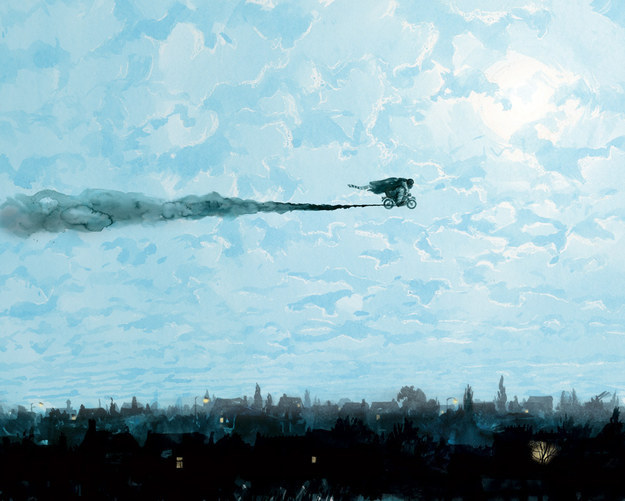And here's an illustration of Hagrid riding his motorcycle through the sky, with Harry in tow: