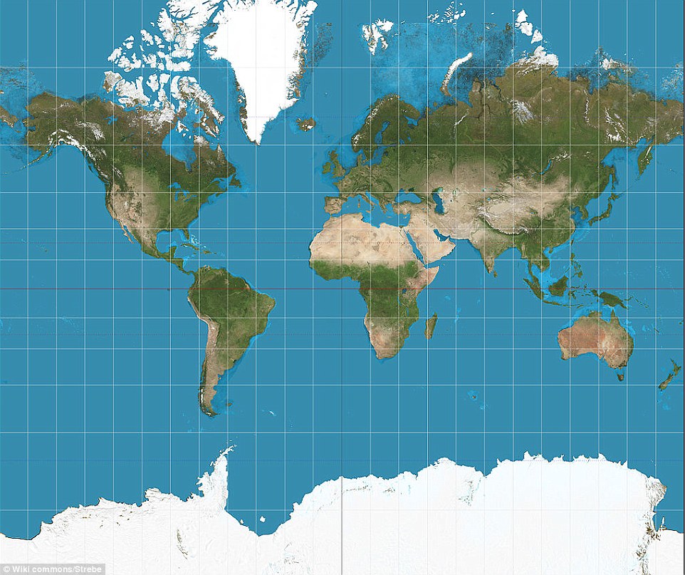 Out-of-date: Most of us have grown up using a world map based on the Mercator projection (pictured), which was created by Flemish cartographer Gerardus Mercator in 1569. Used for centuries, including in forms by Google Maps, it includes imaginary lines to cut all meridians as straight lines – making it easy to use – but distorts the shape and size of countries near the poles