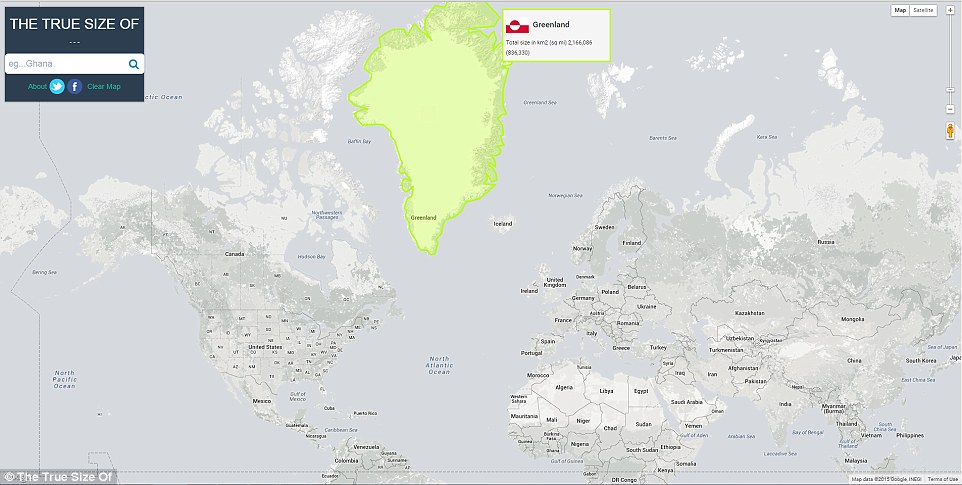 On the Mercator projection, Greenland appears to be roughly the same size as Africa, but in reality, Greenland is 0.8 million square miles and Africa is 11.6 million square miles - nearly 14 and a half times larger. The country is highlighted as it appears on a Mercator map