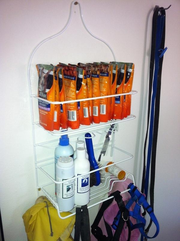A shower caddy can be used to store your dog supplies.