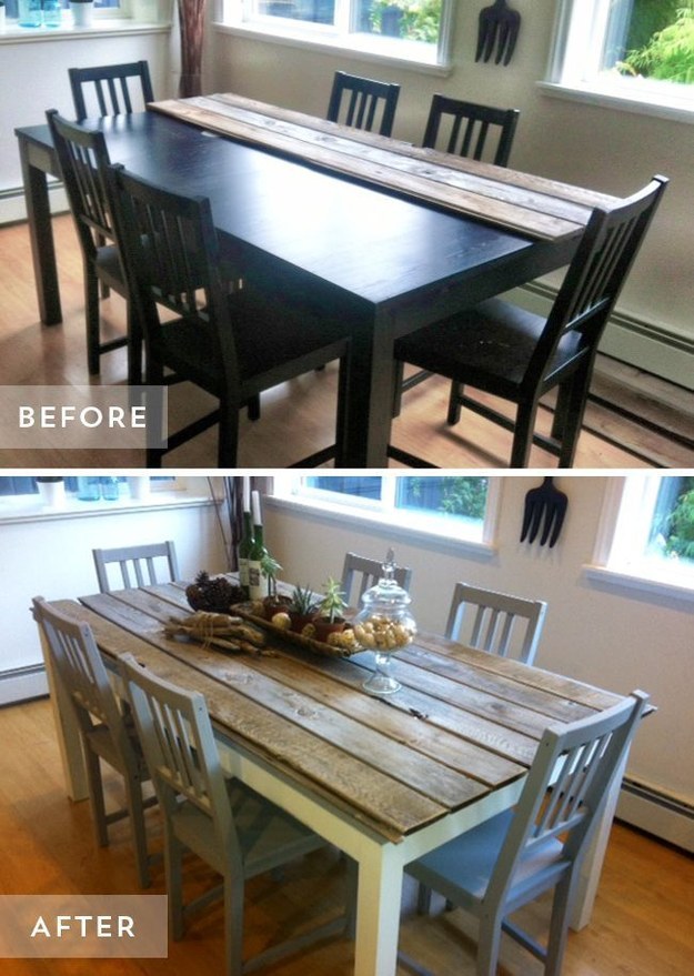 Make a dining room table instantly more charming by attaching wood planks.
