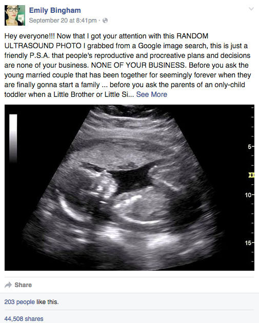 On Sept. 20, she uploaded this photo of an ultrasound to Facebook and attached a message regarding the many questions women face about reproduction.