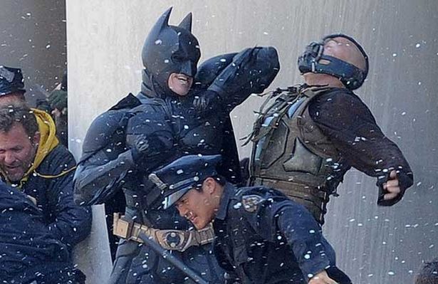 Christian Bale fights Tom Hardy whilst filming the new Batman film (pic: Splash)