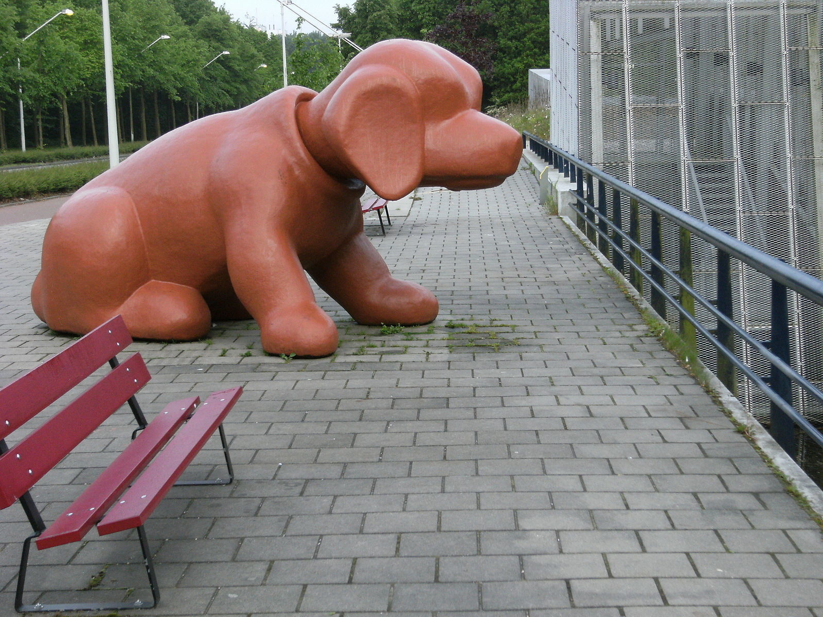 A large dog sniffing in Amsterdam.