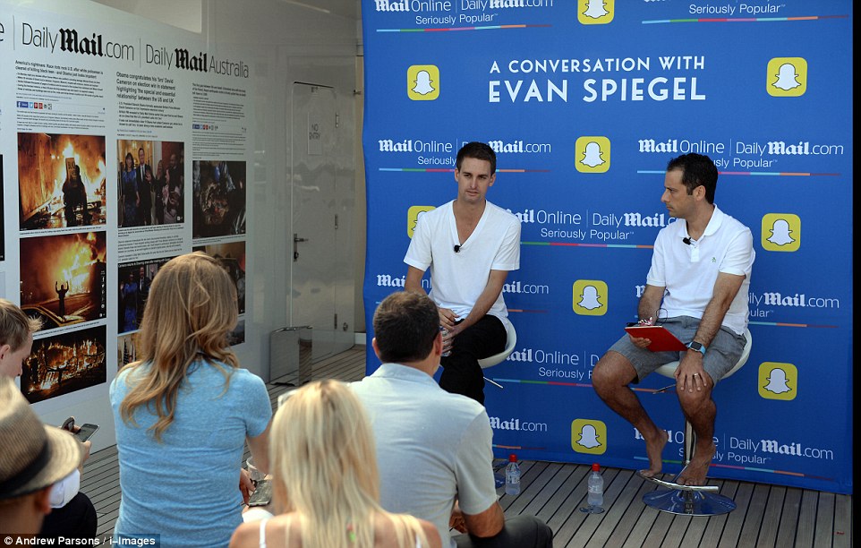 Something to say: On Monday afternoon, Evan (left) stepped onboard the MailOnline yacht for an off-the-record discussion with Jon Steinberg, (right) Dailymail.com's North America CEO